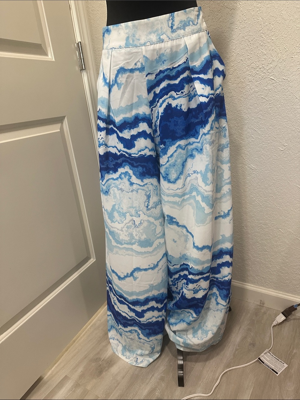 Blue Marble Print Flowy Wide Leg Trouser Pant - Women's Pleated Vacation Trouser